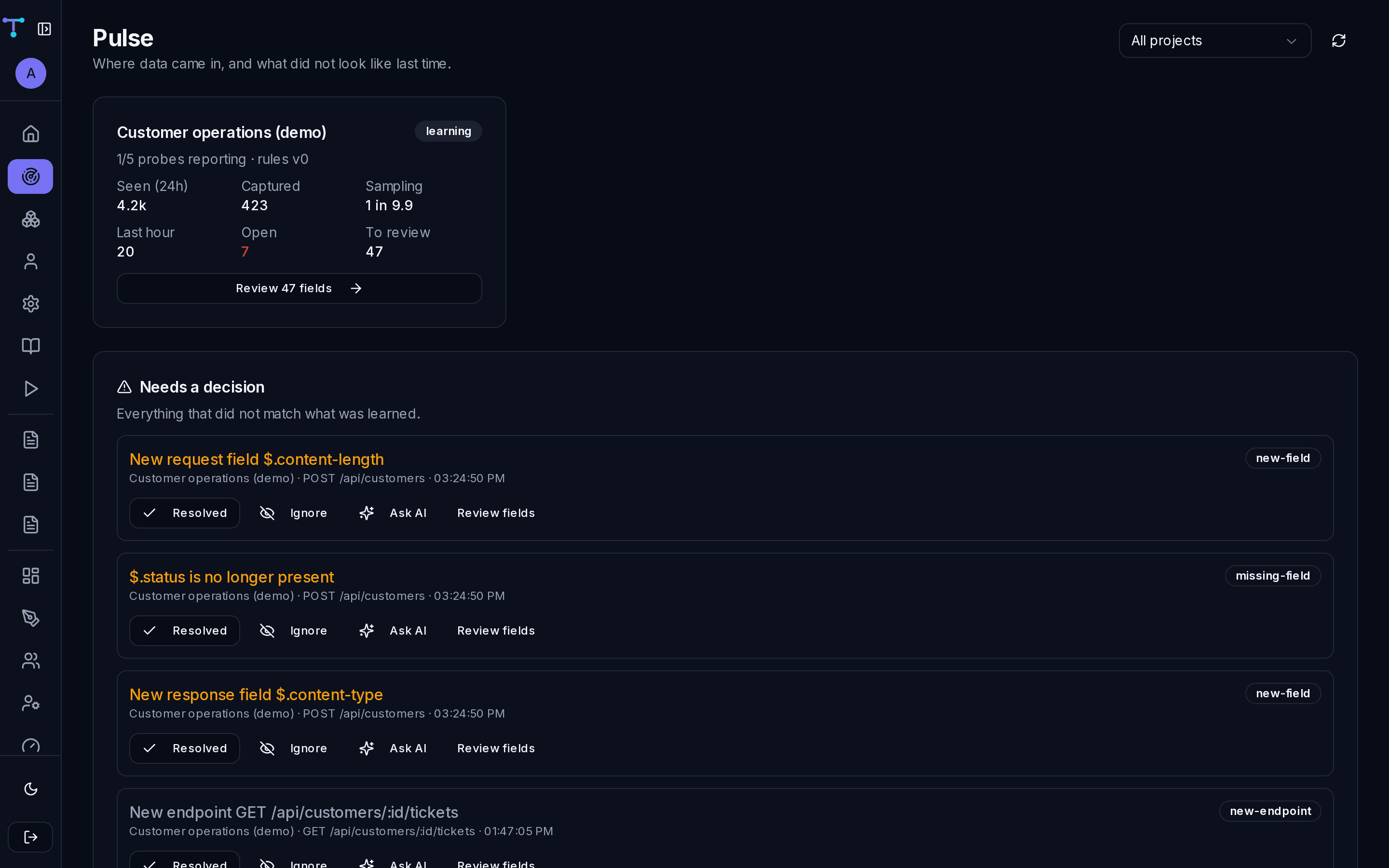 The Pulse feed showing project health cards and a list of divergences awaiting a decision